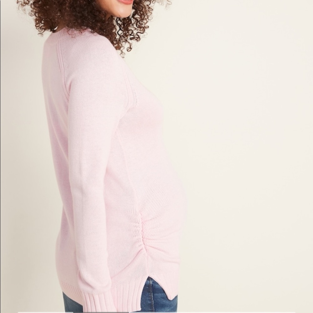 New Pink Maternity Side-Ruched V-Neck Sweater - Picture 2 of 5